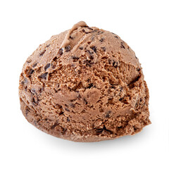 A scoop of chocolate ice cream with pieces of dark chocolate drops closeup. Summer dessert .