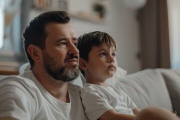 Obraz premium Father's Day, , father and son watching tv, looking bored, in minimal white apartment