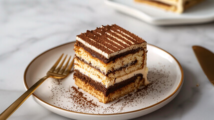 a slice of opera cake, layered with almond sponge, coffee buttercream, and chocolate ganache, served on a porcelain plate with a gold fork