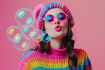 Obraz premium young Gen Z curly hair diverse girl in vibrant outfit blowing soap bubbles closeup on pink background