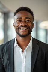 Obraz premium Smiling man in business attire posing in an office environment representing confidence and professionalism concept