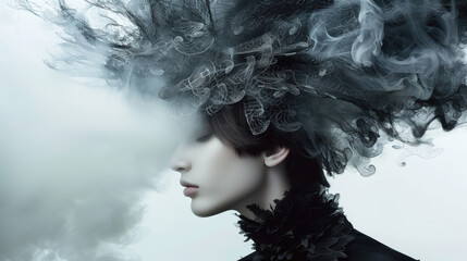 Surreal portrait of a woman with black lace and dramatic smoke like hair against a light background. Artistic photography, surrealism, conceptual art, fashion editorial, creative expression.