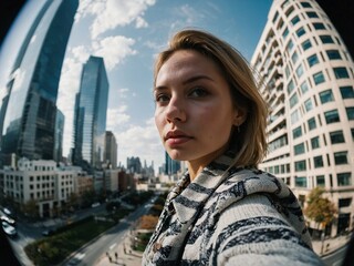 Fototapeta premium Fish-eye selfie photo of woman in the big city with skyscrapers