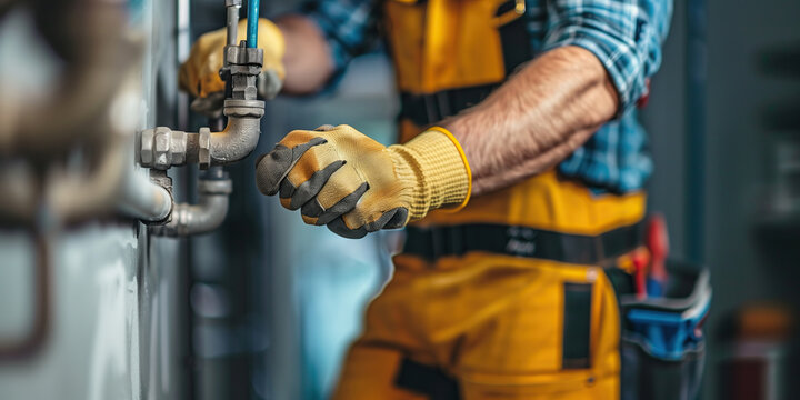 A plumber's hands tighten a pipe. A plumber, wearing yellow workwear and gloves, tightens a pipe fitting with a wrench in a workroom