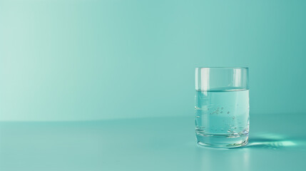 Transparent glass with water on turquoise background, copy space concept