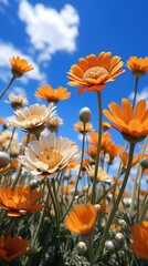 Obraz premium a field of daisies with a lake in the background.