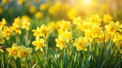 Fototapeta premium flowering daffodils in springtime, a lot of yellow narcissus blossoms in a spring garden, flower field in sunshine, close-up of springflowers in a meadow, cheerful floral concept