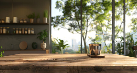 Empty beautiful wood table top counter and blur bokeh modern kitchen interior background in clean and bright