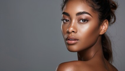 Black woman, beauty and skincare in salon, face portrait for natural afro, facial or hair care cosmetics. Healthy, beautiful model with curly hair skin shine studio isolated background. Copy space.