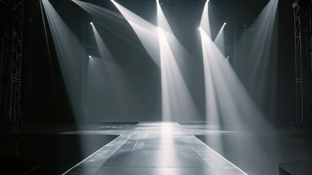 Empty catwalk with many spotlights, fashion event, runway podium stage