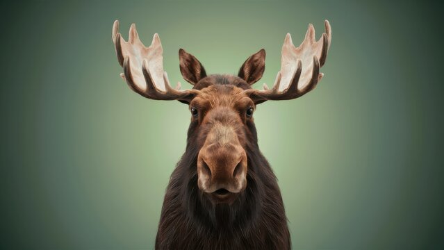 A close up of a moose with large antlers on its head, AI