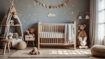  Adorable baby room with a wooden crib, playful decor, and soft lighting, perfect for a nurturing and safe environment.
