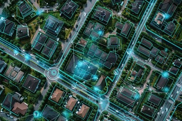Aerial view of a smart city suburb featuring connected homes, green spaces, and advanced technology. AIG62