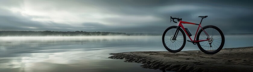 Obraz premium Red Road Bike on a Misty Lakeside Shore at Dawn with Dramatic Sky and Calm Water