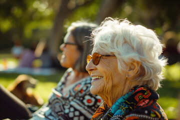 Obraz premium Elderly woman with sunglasses and colorful attire smiling outdoors at a park. Seniors enjoying leisure time, outdoor relaxation, social interaction, active aging, community engagement.
