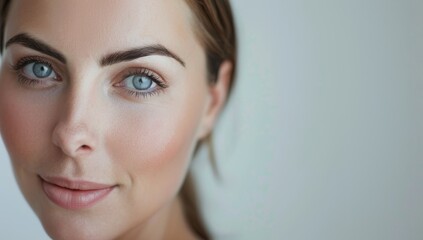 Woman with perfect skin and hair. Skincare or salon beautiful happy girl model with healthy glowing facial and natural makeup with moisturizing cream smile on isolated background with copy space.