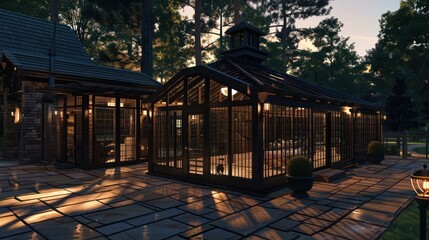 Ranch house with a custom, luxury dog kennel that mimics the style of the main house, providing a stylish home for pets