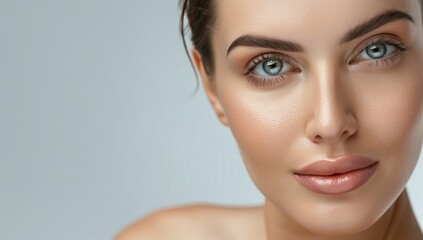 Obraz premium Woman with perfect skin and hair. Skincare or salon beautiful happy girl model with healthy glowing facial and natural makeup with moisturizing cream smile on isolated background with copy space.