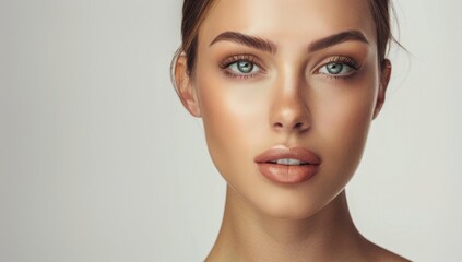 Fototapeta premium Woman with perfect skin and hair. Skincare or salon beautiful happy girl model with healthy glowing facial and natural makeup with moisturizing cream smile on isolated background with copy space.