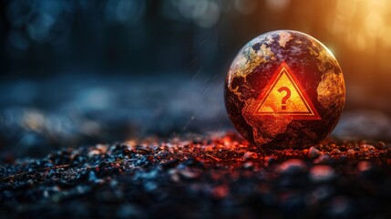 Mysterious Earth with Warning Sign and Question Mark in a Dark, Dramatic Landscape
