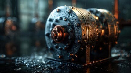 Close-Up of Industrial Machinery with Water Droplets in a Factory Setting, Highlighting Metal Components and Engineering Precision