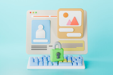 3D render of computer and padlock in blue studio