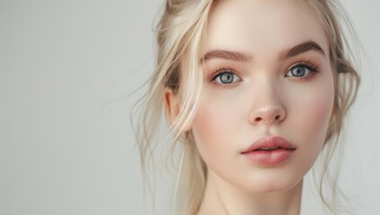 Naklejka premium Woman with perfect skin and hair. Skincare or salon beautiful happy girl model with healthy glowing facial and natural makeup with moisturizing cream smile on isolated background with copy space.