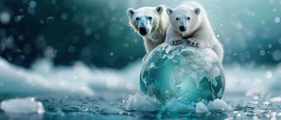 Polar Bears on Melting Ice Globe Highlighting Climate Change and Global Warming Impact