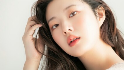 Fototapeta premium Skin care. Korean Woman with beauty face touching healthy facial skin portrait. Beautiful smiling asian girl model with natural makeup touching glowing hydrated skin on blue background closeup.