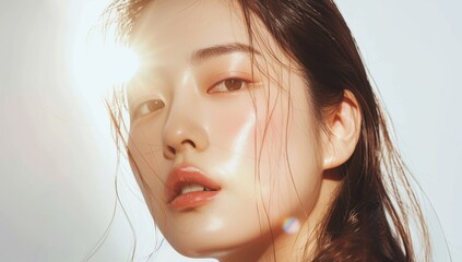 Skin care. Korean Woman with beauty face touching healthy facial skin portrait. Beautiful smiling asian girl model with natural makeup touching glowing hydrated skin on blue background closeup.