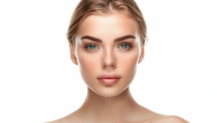 Fototapeta premium Woman with perfect skin and hair. Skincare or salon beautiful happy girl model with healthy glowing facial and natural makeup with moisturizing cream smile on isolated background with copy space.