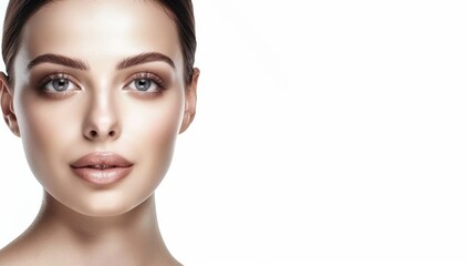 Fototapeta premium Woman with perfect skin and hair. Skincare or salon beautiful happy girl model with healthy glowing facial and natural makeup with moisturizing cream smile on isolated background with copy space.