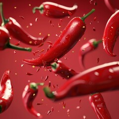 Multiple red peppers suspended in mid-air against a vibrant red background.