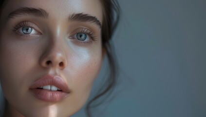 Fototapeta premium Close-up portrait of a woman’s face. Ideal for beauty and skincare concepts. She has smooth skin and well-groomed eyebrows. Isolated plain background with copy space
