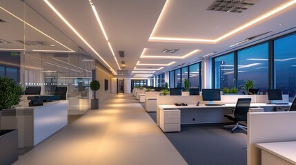 A modern office with a smart lighting system that adjusts to the time of day and employee work patterns