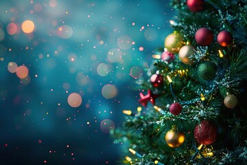Dark blue Christmas background with decorated sparkling Christmas tree, blurred bokeh lights, red baubles. Copy space. Festive night wide banner template. Defocused sparkle, snowflakes. Holiday season
