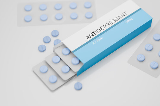 Medicine antidepressants are scattered on a white table. Blue antidepressant pills in a box. Box with medicine. 3D render.