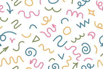 Seamless pattern of straight and wavy marker lines. Highlighting elements, illustrations of permanent markers in the form of checkmarks, arrows in different directions. Attractive visual effects 