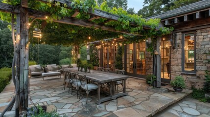 Fototapeta premium Rustic ranch with a vine-wrapped pergola over a stone patio, complete with a farmhouse table for gatherings