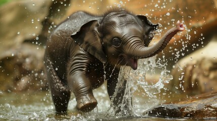 Adorable baby elephant joyfully splashing in water, delighting onlookers with playful antics and energy.