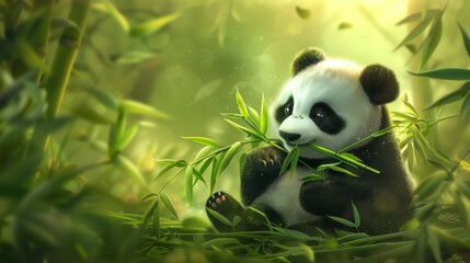 Obraz premium Panda munching bamboo leaves in its natural habitat, showcasing charm and unique dietary preference.