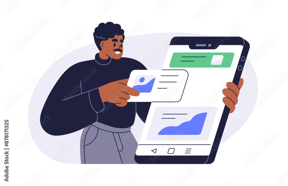 Fototapete UI design for mobile app. Smartphone application on phone screen. Designer arranging content, creating digital user interface, editing online. Flat vector illustration isolated on white background