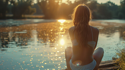 A cute and beautiful girl sits on a pier by a pond on a hot summer day, with water glistening in the sunlight, feeling joyful and optimistic.