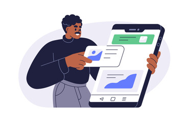 UI design for mobile app. Smartphone application on phone screen. Designer arranging content, creating digital user interface, editing online. Flat vector illustration isolated on white background
