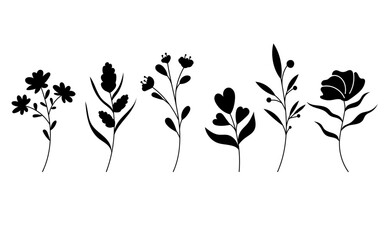 Botanical set silhouette, hand drawn branch, flower, leaf. Plant line art, nature decorative element. Invitation, banner, cover, fabric design. Vector isolated on white background