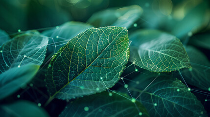 A close up of green leaves with digital connections