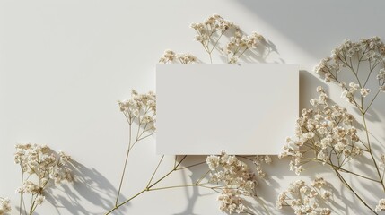 Mockup business card with white paper gypsophila flower bouquet on neutral background Minimalistic brand template Flat lay view