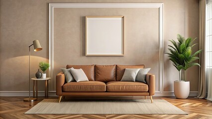 Modern living room with beige walls, wooden floor, comfortable brown sofa and mock up poster frame