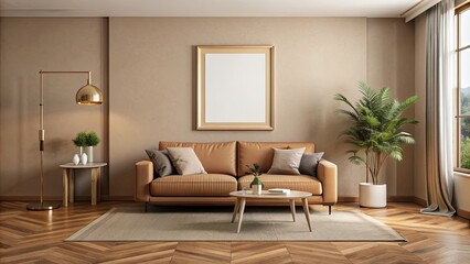 Modern living room with beige walls, wooden floor, brown sofa, and mock-up poster frame, interior