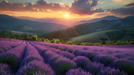 Obraz premium A lavender field in the rays of the setting sun, creating an atmosphere of peace and harmony.